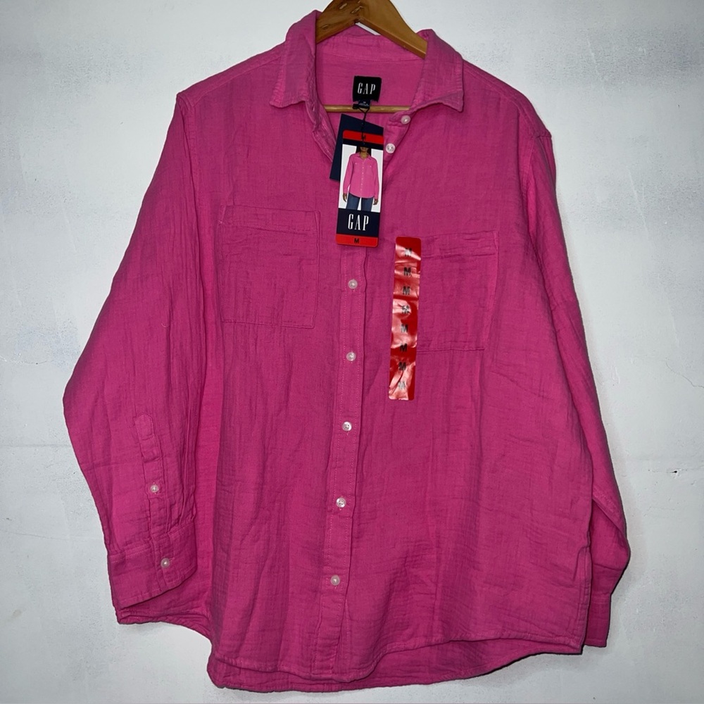NWT GAP Women's Pink Long Sleeve Gauze Button Up Shirt Size Medium 100% Cotton